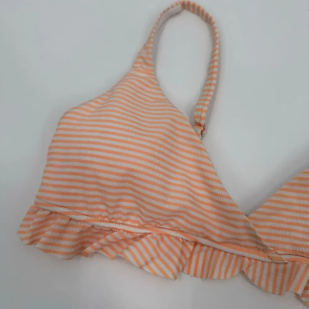 Polo Ralph Lauren Bikini Top SZ Small NWT Seersucker Ruffle Orange White Stripe